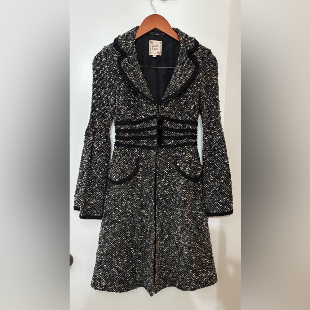 Vintage Nanette Lepore Black & White Pebble Tweed Duster Coat Size XS